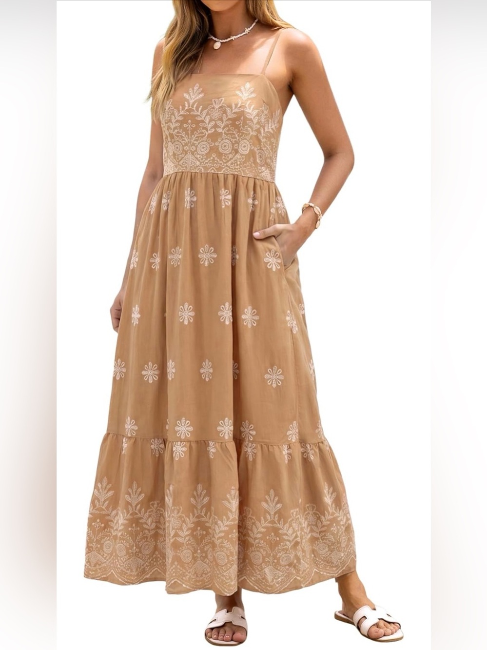 BerryGo Embroidered Spaghetti-Strap Maxi Dress - Camel NWT LARGE